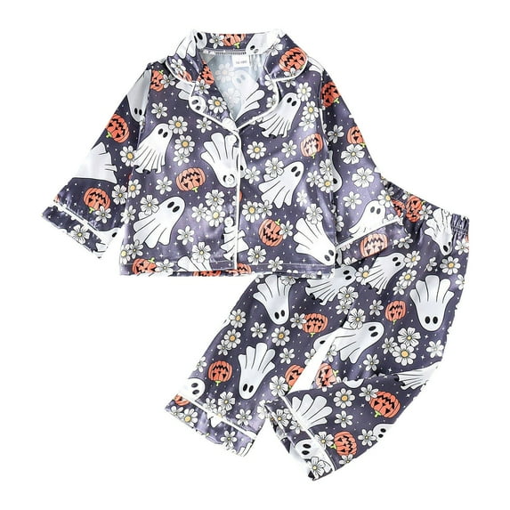 Mercatoo Toddler Girl Halloween Outfit Pumpkin 𝐆𝐡𝐨st Print Long Sleeve Button Down Shirt Pants Fall 2 Piece Clothes Set