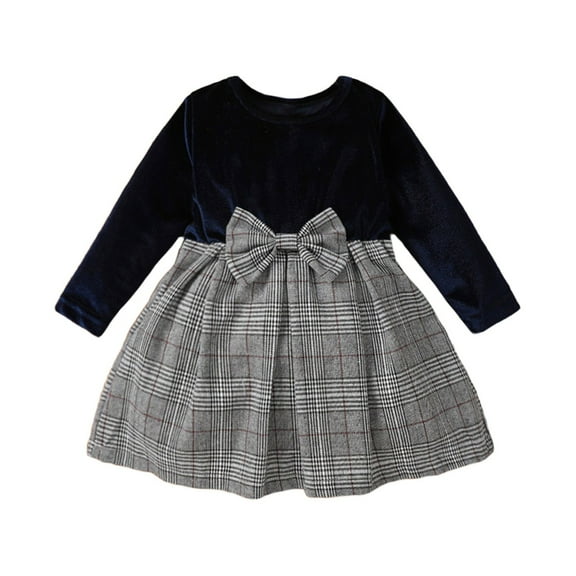 Mercatoo Toddler Girl Long Sleeve Solid Color Mesh Print Baby Dress Bow for 3 to 24 Months Toddler Patchwork Dress