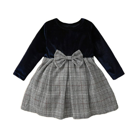 Mercatoo Toddler Girl Long Sleeve Solid Color Mesh Print Baby Dress Bow for 3 to 24 Months Toddler Patchwork Dress