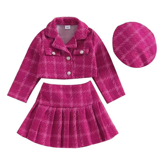 Mercatoo Toddler Girl Plaid Long Sleeve Jacket Tops Thickened Suit Skirt + Hat 3Pcs Set Fall Winter Kids Girls Outfit Clothes