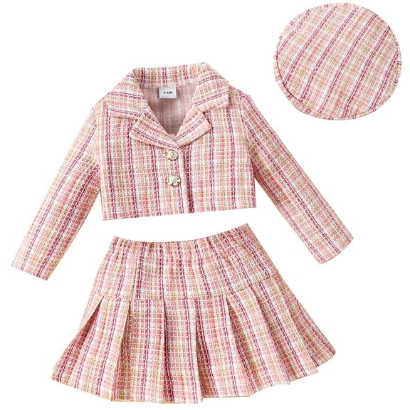 Mercatoo Toddler Girl Plaid Long Sleeve Jacket Tops Thickened Suit Skirt   Hat 3Pcs Set Fall Winter Kids Girls Outfit Clothes