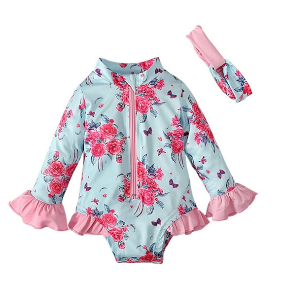 Mercatoo Toddler Girl Rashguard Swimsuit Floral Zipper Long Sleeve   Hairband 2Pcs Set Bathing Suit Girls Summer Swimwear