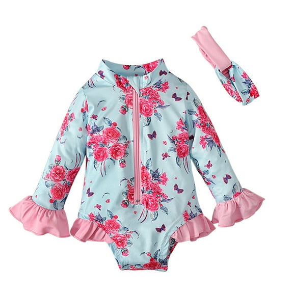 Mercatoo Toddler Girl Rashguard Swimsuit Floral Zipper Long Sleeve + Hairband 2Pcs Set Bathing Suit Girls Summer Swimwear