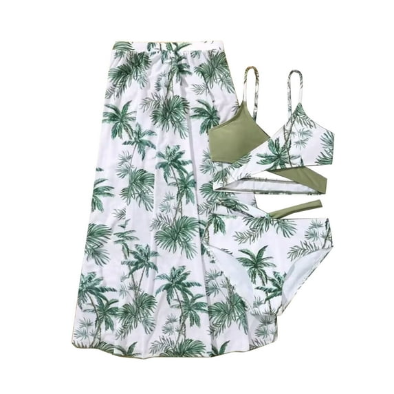Mercatoo Toddler Girl's 3 𝐏iece Swimsuits Leaves Prints Bikini Set + Ruffle Long Cover Up Skirt Bathing Suits Girls Swimwear