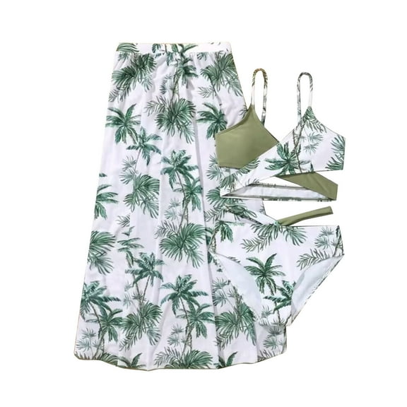 Mercatoo Toddler Girl's 3 𝐏iece Swimsuits Leaves Prints Bikini Set + Ruffle Long Cover Up Skirt Bathing Suits Girls Swimwear