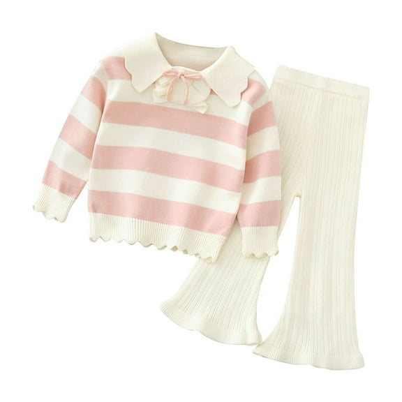 Mercatoo Toddler Girls Fall Winter Set Knitted Striped Doll Collar Shirt and Ribbing Long Pant Outfit Kids Girls Casual Clothes