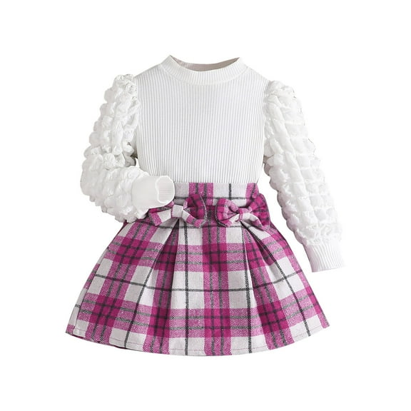 Mercatoo Toddler Girl's Fall Outfit Bubble Sleeve Ribbing Tops Plaid Half Body Skirt Set Girls Winter Clothes 2 to 3 Year