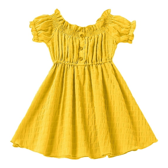 Mercatoo Toddler Girl's Summer Casual Sundress Puff Sleeved Crew Neck Solid Color Buttons A line Ruffle Dress Prom Party Dress