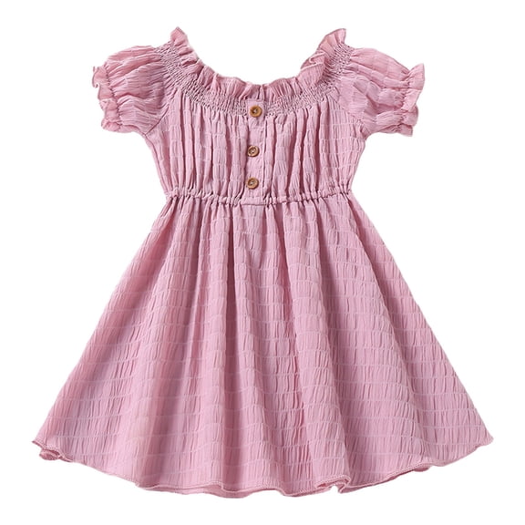 Mercatoo Toddler Girl's Summer Casual Sundress Puff Sleeved Crew Neck Solid Color Buttons A line Ruffle Dress Prom Party Dress