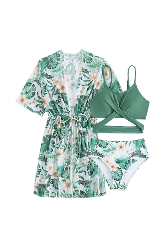Mercatoo Toddler Girl's Swimsuits Set Floral Prints Bikini + Bathing Briefs + Coat 3Pcs Summer Girls Beach Swimsuits Outfit