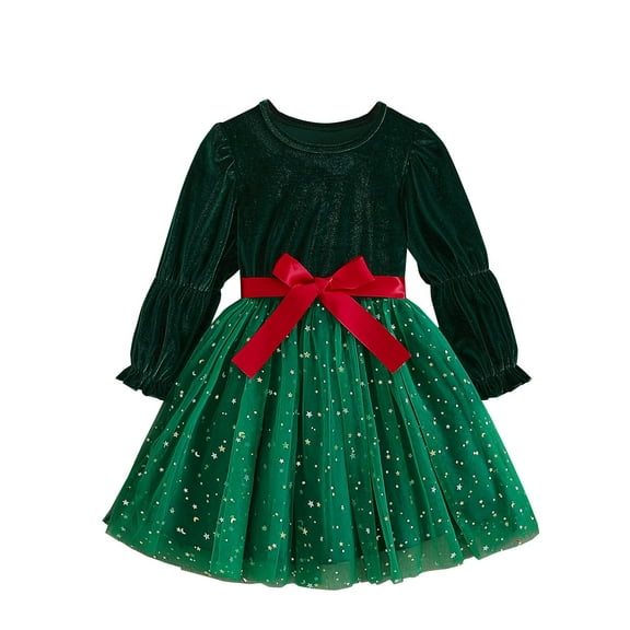 Mercatoo Toddler Girls Christmas Dress Bows Sequin Velvet Long Sleeve Tulle Layered Skirt Kids Crewneck Holiday Part𝐲 Dresses
