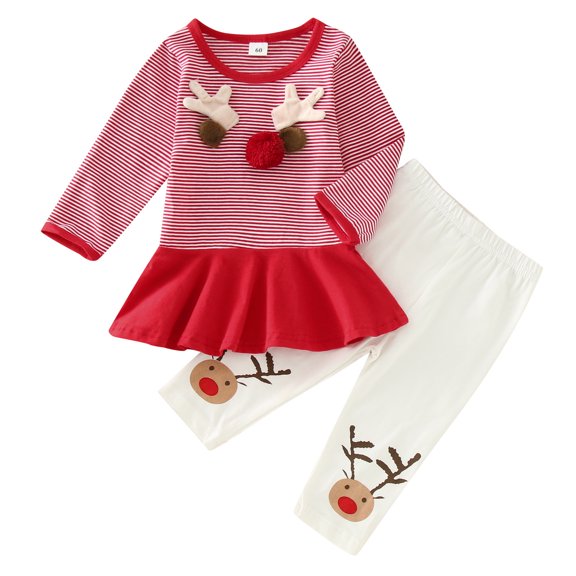 Mercatoo Toddler Girls Christmas Outfits Stripe Long Sleeve Ruffle Shirt Tops and Print Cotton Pant 2Pcs Clothes Set