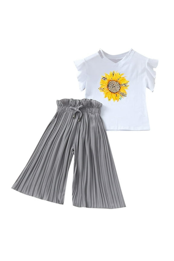 Toddler Girls Clothes Sets Summer Ruffle Sleeves Sunflower T Shirt Tops Chiffon Ruched Wide Leg Pants Outfits