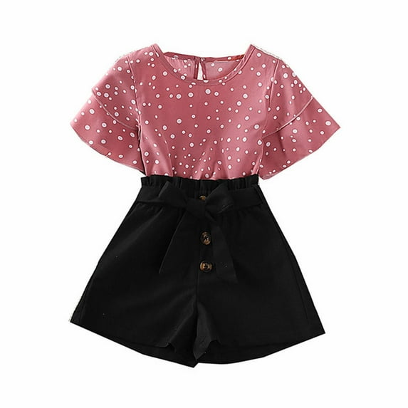 Mercatoo Toddler Girls Clothing Summer Dot Short Sleeved Tops and Shorts + Belt 3Pcs Outfit for 3 to 7 Years Kids Girl Set