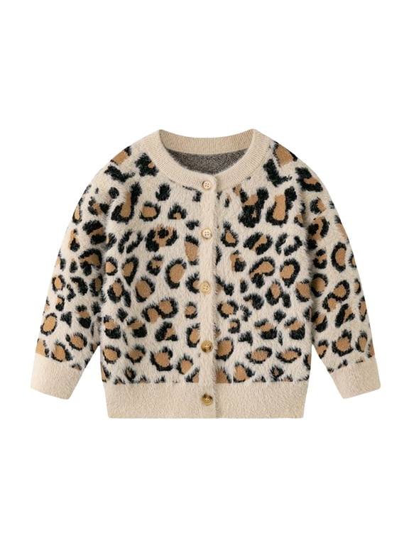 Toddler Girls Coquette Leopard Cardigan Soft Fuzzy Button Up Knit Top with Classic Animal Print Kids Casual Fall Sweater