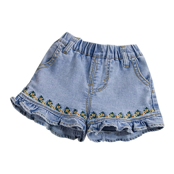 Mercatoo Toddler Girls Denim Shorts Ruffle Embroidered Elastic Waist Jeans Summer Kids Volleyball Sports Casual Shorts