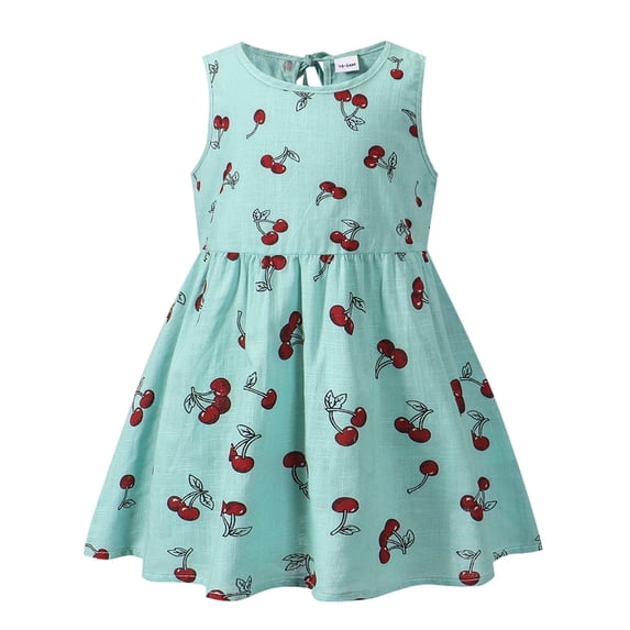 Mercatoo Toddler Girls Dresses Summer Cherry Print Sleeveless S𝐮ndress Kids Casual Midi Swing A-Line Casual Beach Dress Clothes