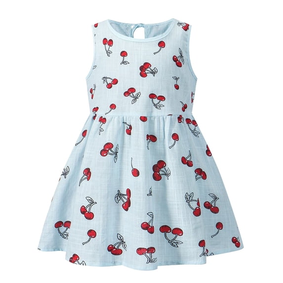Mercatoo Toddler Girls Dresses Summer Cherry Print Sleeveless S𝐮ndress Kids Casual Midi Swing A-Line Casual Beach Dress Clothes