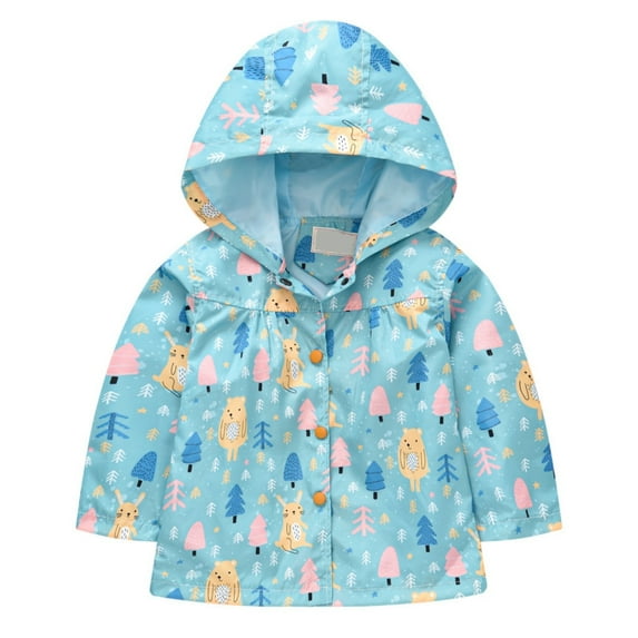 Mercatoo Toddler Girls Fall Jacket Cute Rabbit Print Button Long Sleeve Hooded Trench Girls Lightweight Windbreaker