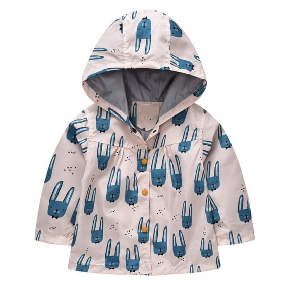 Mercatoo Toddler Girls Fall Jacket Cute Rabbit Print Button Long Sleeve Hooded Trench Girls Lightweight Windbreaker