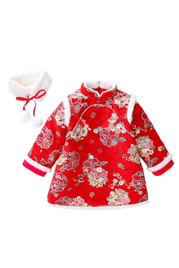 Toddler Girls Long Sleeve Chinese New Year Dress Coat with Scraft Chinese Qipao Outfits Traditional Cheongsam Tang Quilted Dresses