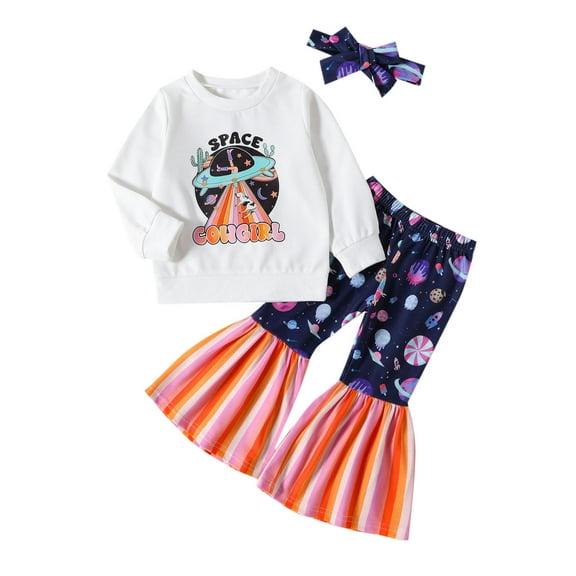 Mercatoo Toddler Girls Long Sleeve Letter T Shirt Pullover Tops Cartoon Prints Bell Bottoms Pants Kids Baby Girl Blanket Hat