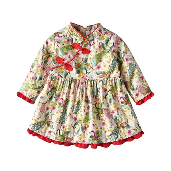Mercatoo Toddler Girls Qipao Dress I𝐧fant Long Sleeve 𝐅le𝐞ce Lined Cheongsam Baby Girls Thick Warm Chinese New Year Dress