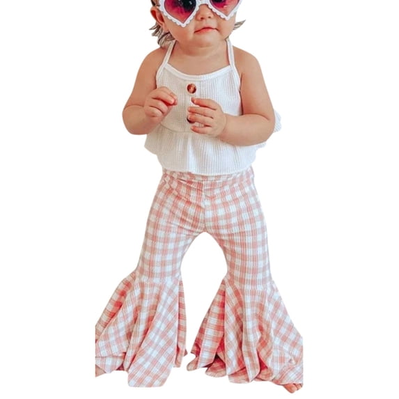 Mercatoo Toddler Girls Sleeveless Stripe Sling Tops + Plaid Printed Bell Bottoms Outfits Baby Girls Summer Beach Casual Set
