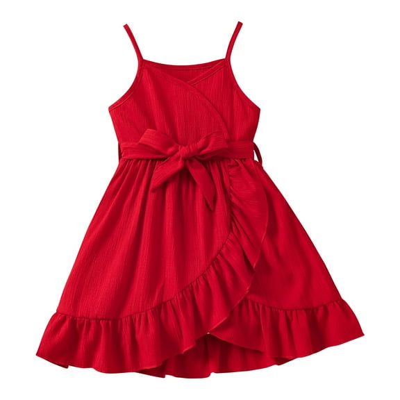 Mercatoo Toddler Girls Spaghetti Straps Red Color A Line Dress Irregular 𝐑uffle 𝐇em Dress with Belt Summer Outdoor Clothes