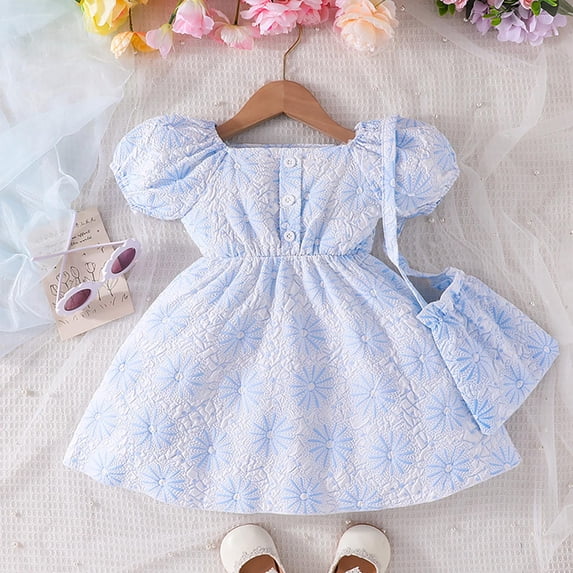 Mercatoo Toddler Girls Summer Dress Bubble Sleeve A Collar Button Crushed Light Blue Dress + Crossbody Bag Two-Piece Dress