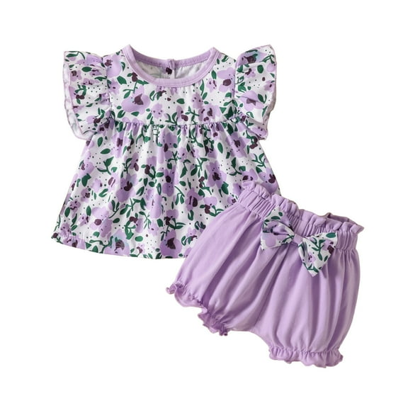 Mercatoo Toddler Girls Summer Outfit Floral Ruffle Sleeve Vest Tops Bow 𝐁loomers 2Pcs Set Kids Girls Holiday Clothes