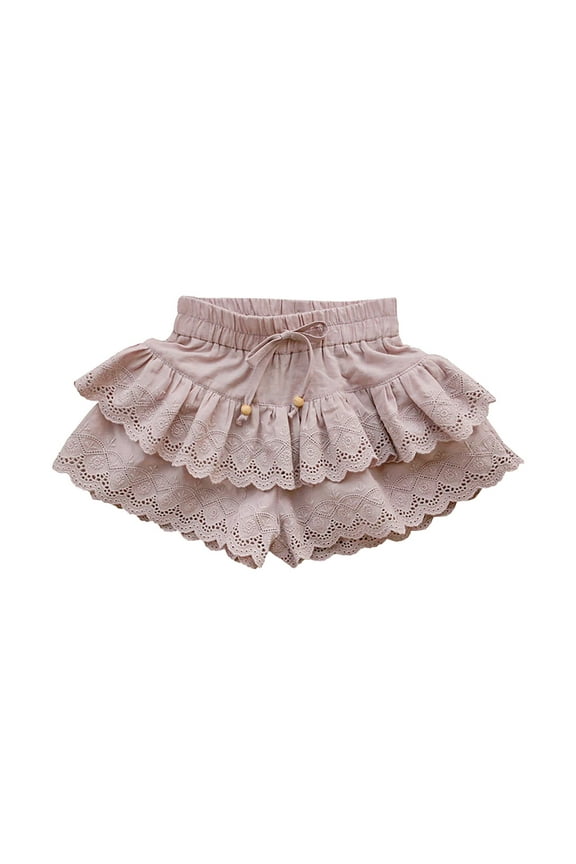 Toddler Girls Summer Shorts Lace Double Ruffle Pleated Shorts Skirt Girls Solid Color Hollow Beach Shorts