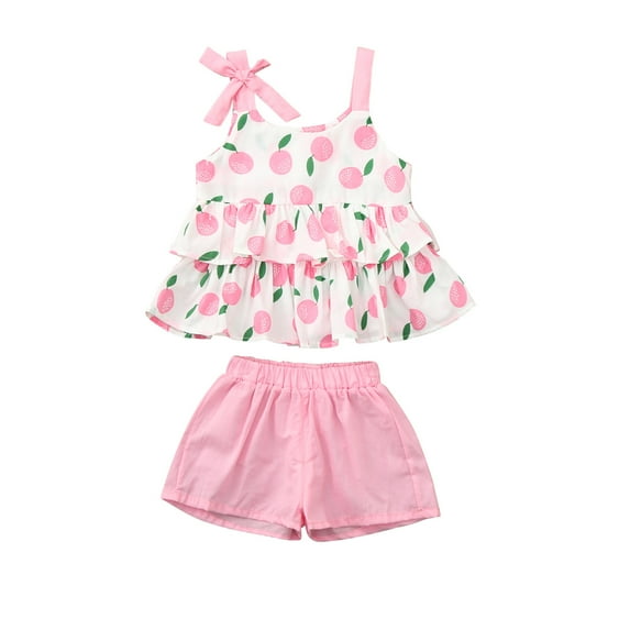 Mercatoo Toddler Kids Baby Girls Sleeveless Ruffled Floral Bowtie Tops+Shorts Outfits Set Girl Baby Clothes