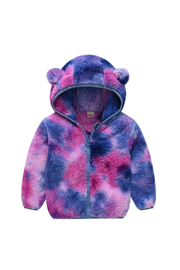 Toddler Kids F𝐥eece Zip up Hoodie Tie Dye Jacket Baby Infant Fall Padded Coat Boys Girls Bear Ear Outerwear