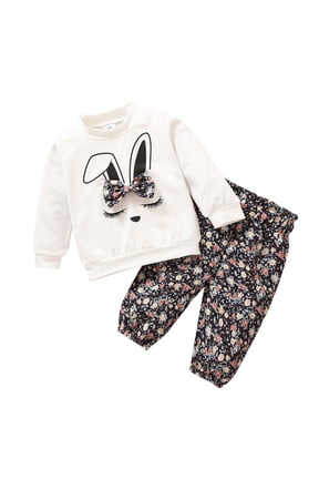 Toddler Kids Girls Easter Long Sleeve Bowknot Sweatshirt Tops Flower Print Pants Outfits Set 2PCS Suits for Girls