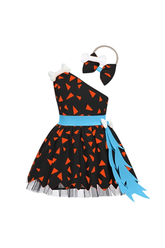 Toddler Kids Girls Halloween Pebbles 𝐂ostume Caveman Mesh Tulle Dress Princess Outfits for Girls Boys Dress Up