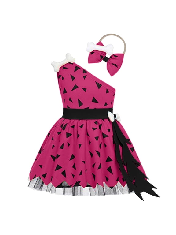 Toddler Kids Girls Halloween Pebbles 𝐂ostume Caveman Mesh Tulle Dress Princess Outfits for Girls Boys Dress Up