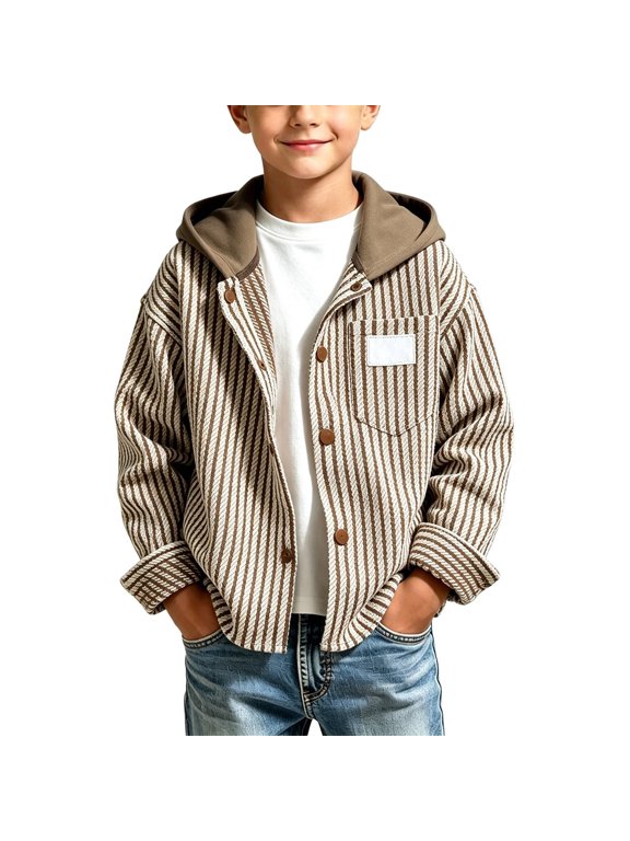 Toddler Striped Hooded Jacket, Baby Boys Button Down Casual Coat with Detachable Hood, Kids Lightweight Long Sleeve Outerwear for Spring Fall Daily