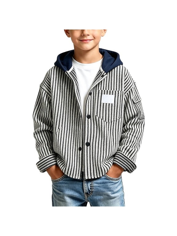 Toddler Striped Hooded Jacket, Baby Boys Button Down Casual Coat with Detachable Hood, Kids Lightweight Long Sleeve Outerwear for Spring Fall Daily
