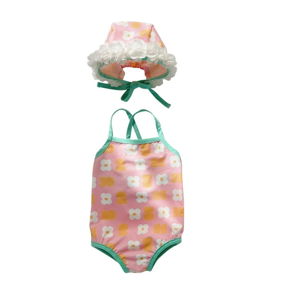 Mercatoo Toddlers Baby Girls Summer Swimwear Set-Floral Camisoles One 𝐏iece Bathing Suit with Sun Hat 2Pcs Outfit Swimwear