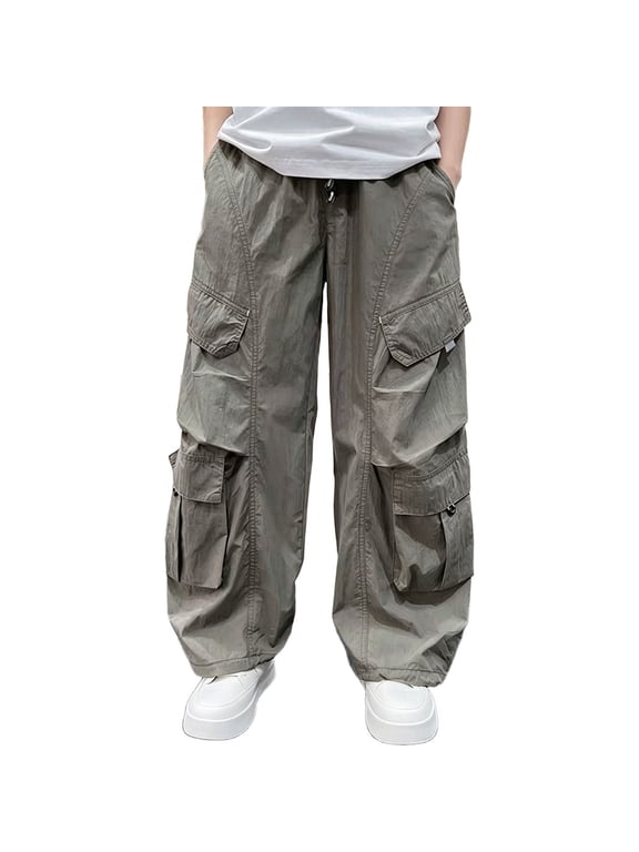 Unisex Kids Baggy Cargo Pants Parachute Trousers Y2K Streetwear for Men Women Loose Techwear Bottoms with 4 Flap Pockets Drawstring