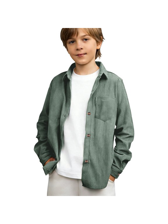 Unisex Kids Boys Girls Corduroy Shacket, Button Down Collared Shirt with Chest Pockets for Fall Winter and Spring Days