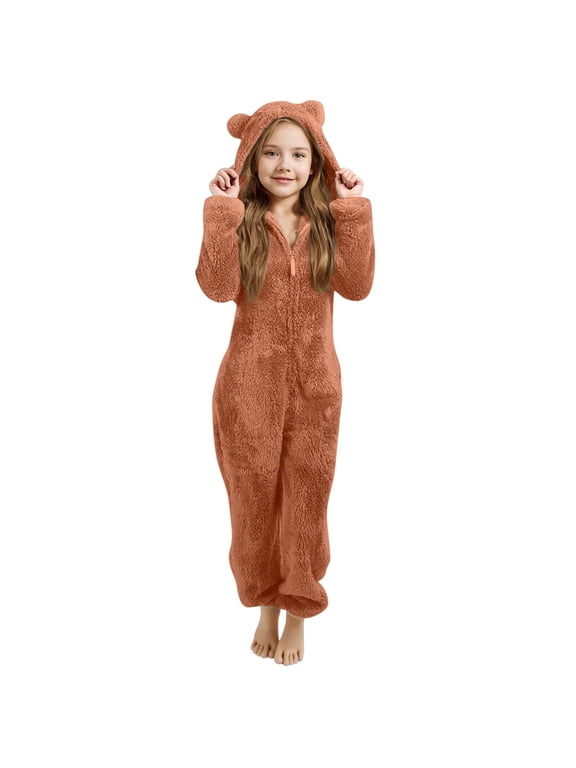 Unisex Kids Boys Girls Fleece Hooded Onesie, 3D Bear Ear Jumpsuit with Pockets, Comfy Warm Layer for Sleepovers and Chill Days