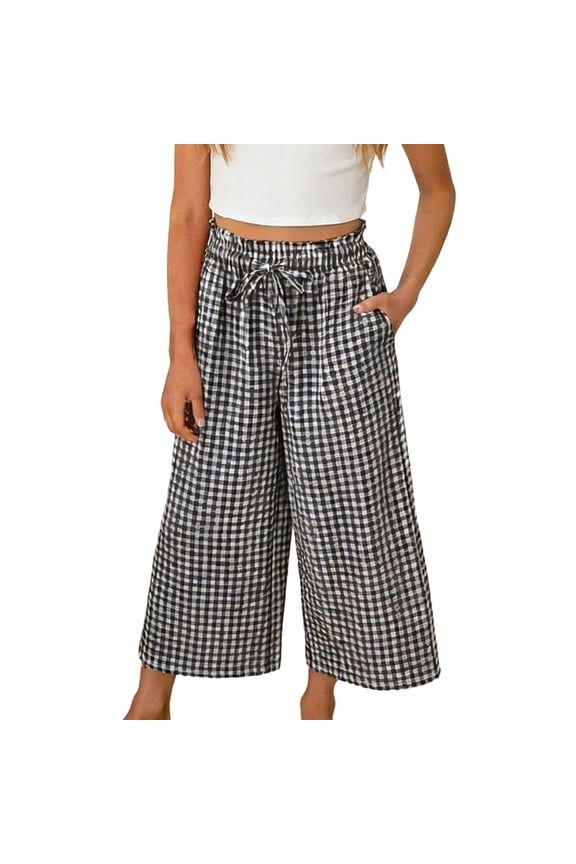 Wide Leg 𝗖apri Pants for Girls Gingha𝗺 Striped Culottes Fl𝗼wy Elastic Waist Cropped Palazz𝗼 Pants 𝗗rawstring 𝗚auze Trousers