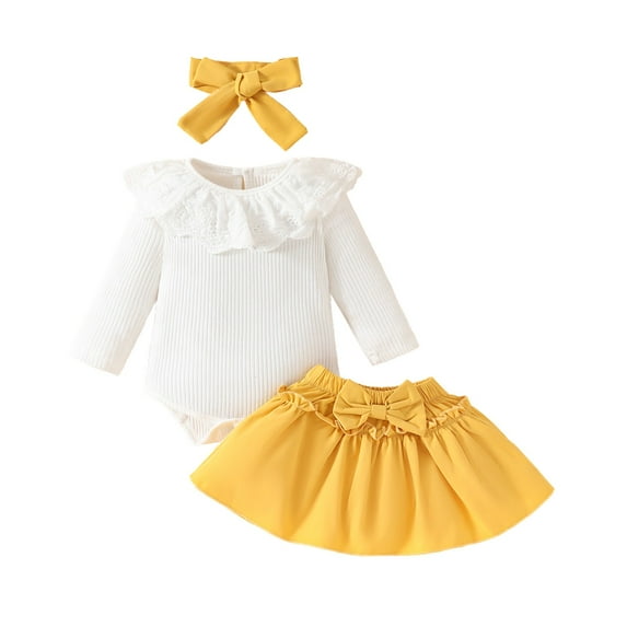 Mercatoo Winter Baby Girl Long Sleeve Romper Shirt + Ruffled Bow Skirt + Headband 3Pcs Sets Toddler Girls Fall Clothes