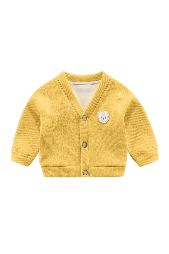 Winter Knitted Sweater Shirt for Baby Boys Girls Padded Cardigan Jacket V Neck Button Bear Pattern Daily Wear