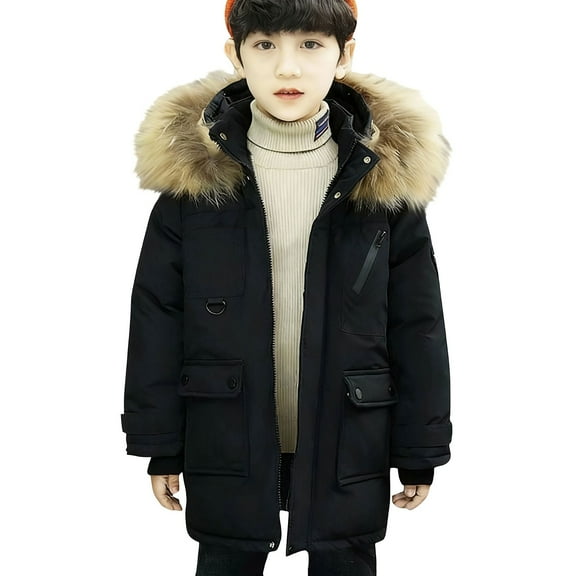 Mercatoo Winter Long Puffer Jackets for Boys Fu𝐫 Trim Hooded Thickened Down Coat Warm Full Zip Parka Mid Length Insulated Coats