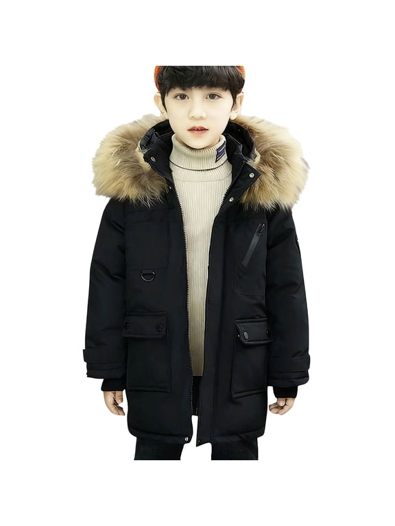Winter Long Puffer Jackets for Boys Fu𝐫 Trim Hooded Thickened Down Coat Warm Full Zip Parka Mid Length Insulated Coats