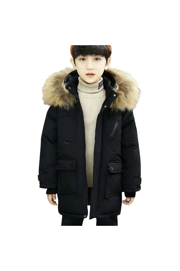 Winter Long Puffer Jackets for Boys Fu𝐫 Trim Hooded Thickened Down Coat Warm Full Zip Parka Mid Length Insulated Coats
