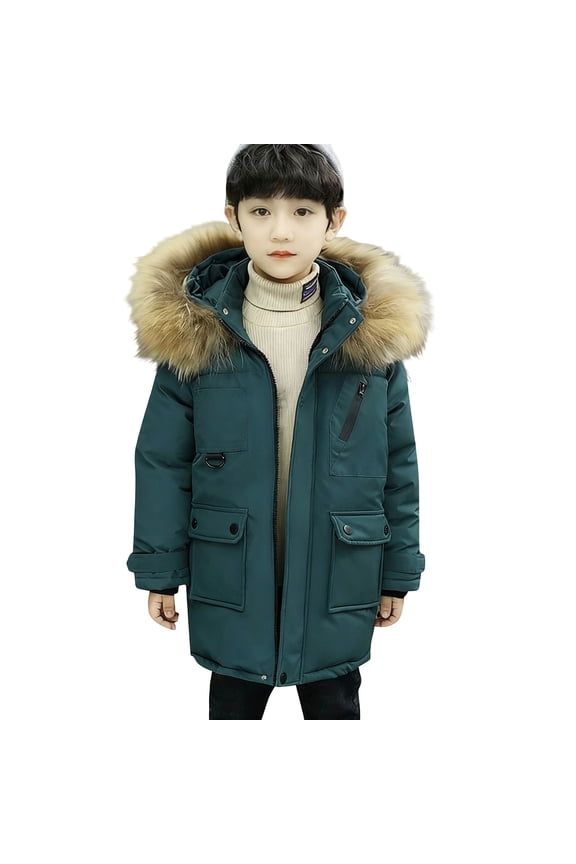Winter Long Puffer Jackets for Boys Fu𝐫 Trim Hooded Thickened Down Coat Warm Full Zip Parka Mid Length Insulated Coats